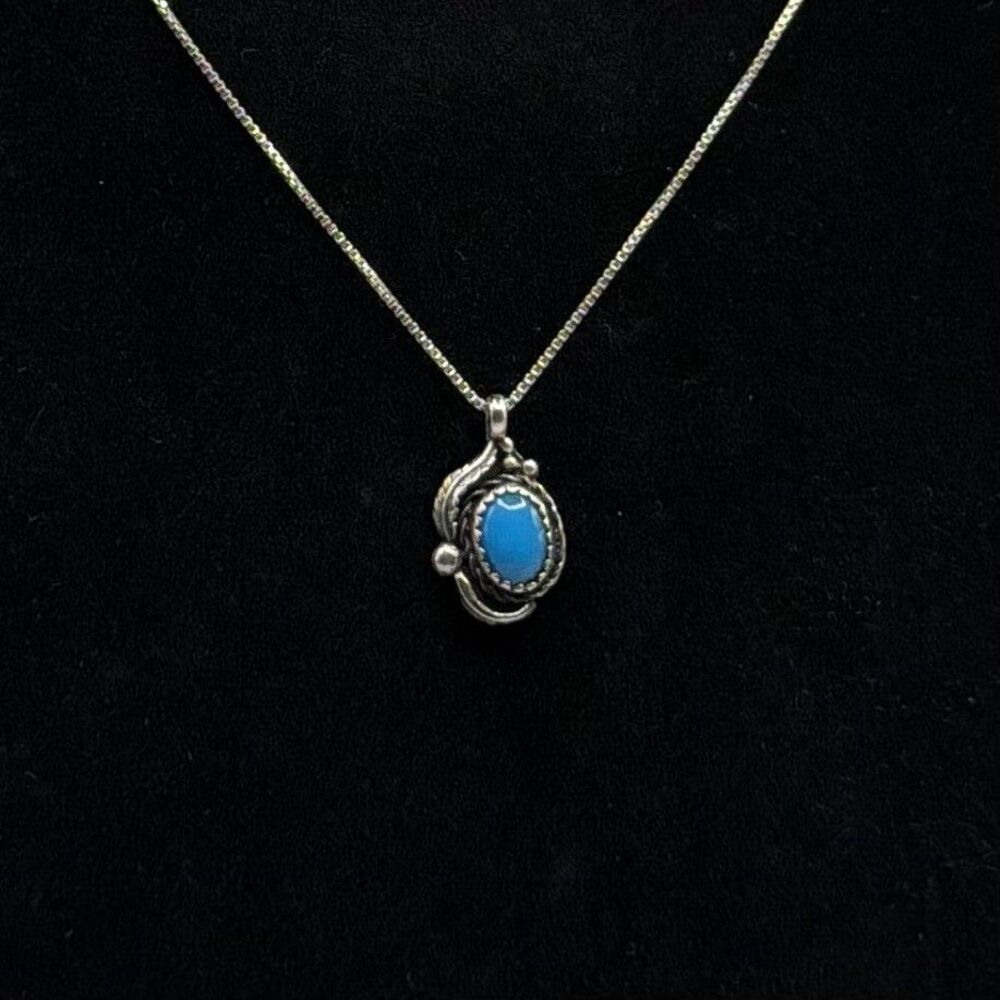 Vintage Sterling Silver Turquoise Pendant Necklace 16” 925 Acid Tested